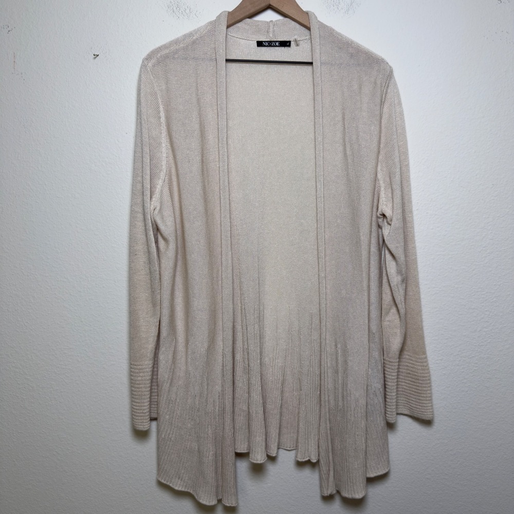 NIC+ZOE Women Linen Cardigan Sweater XL Beige Open Front Coastal Lagenlook